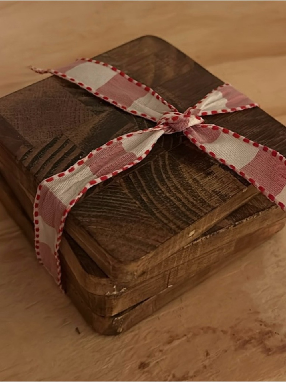 Handcrafted End-Grain Wood Coaster Set of 4 with Gingham Ribbon